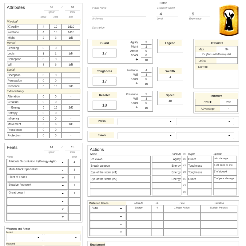 Patrin Character Sheet Open Legend RPG HeroMuster Patrin Character Sheet Open Legend RPG HeroMuster